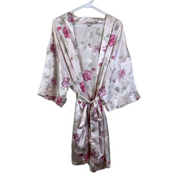 VTG 90s Evandale Intimates Silky Pink Butterfly Floral Robe Size M/L Cottagecore - Picture 1 of 9
